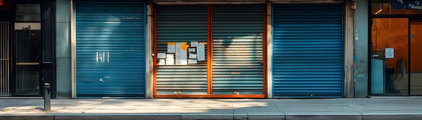 Fototapeta premium A closed storefront with blue metal shutters, reflecting urban life and business closures during off-hours.