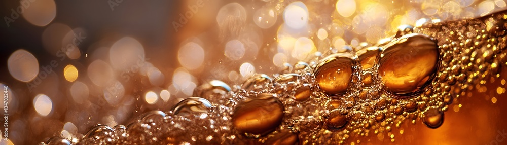 Poster a close-up view of bubbly liquid with sparkling droplets, capturing the vibrant colors and textures 