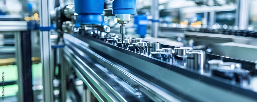 Poster a close-up view of an automated production line showcasing precision machinery components in a moder