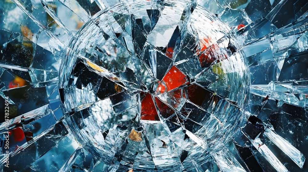 Poster A close-up view of shattered glass, showcasing intricate patterns and reflections that create a dynamic and visually engaging image suitable for various design projects.