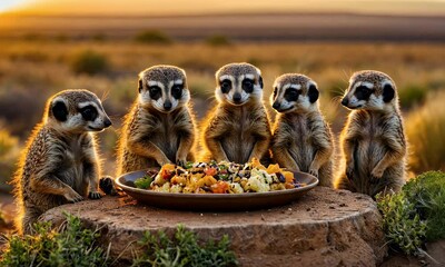 A group of meerkats curiously observing a plate of food at sunset.