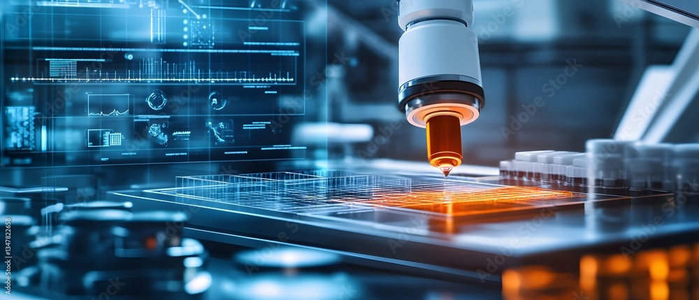 Poster a detailed view of advanced technology in a laboratory setting, showcasing automated machinery and d