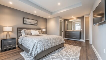 A modern bedroom interior showing a bed and bathroom area