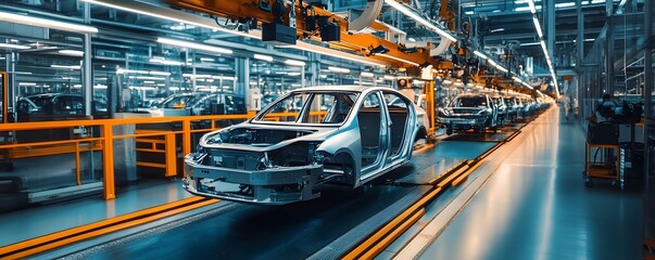 Naklejka premium A modern automotive factory featuring advanced machinery and assembly lines producing vehicles efficiently and innovatively, showcasing the intricacies of automotive engineering.