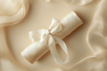 Beige Certificate Diploma with Ribbon on Delicate Silky Fabric - Elegant Award Presentation, Graduation Achievement