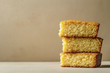 Fototapeta premium Stack of Three Golden Brown Rectangular Cake Slices on Beige Background - Delicious Dessert Presentation