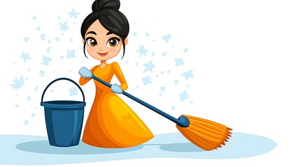 Woman Sweeping Floor with Bucket