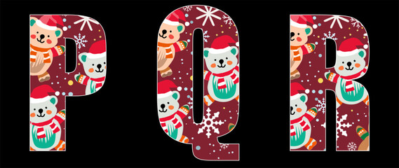 Vector font with christmas child pattern of cartoon funny bear cub and snowflakes on red background. 2026 New Year fashion set of letters of english alphabet for kid clothing, fabric, textile, t-shirt © TKalinovskaya