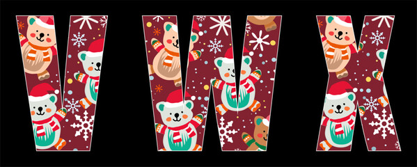 Vector font with christmas child pattern of cartoon funny bear cub and snowflakes on red background. 2026 New Year fashion set of letters of english alphabet for kid clothing, fabric, textile, t-shirt © TKalinovskaya