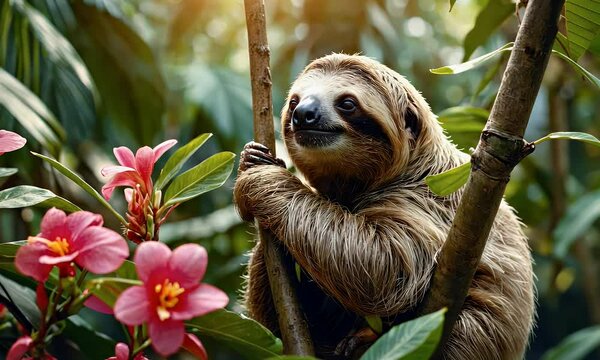 A sloth resting on a branch surrounded by vibrant flowers in a lush green environment.