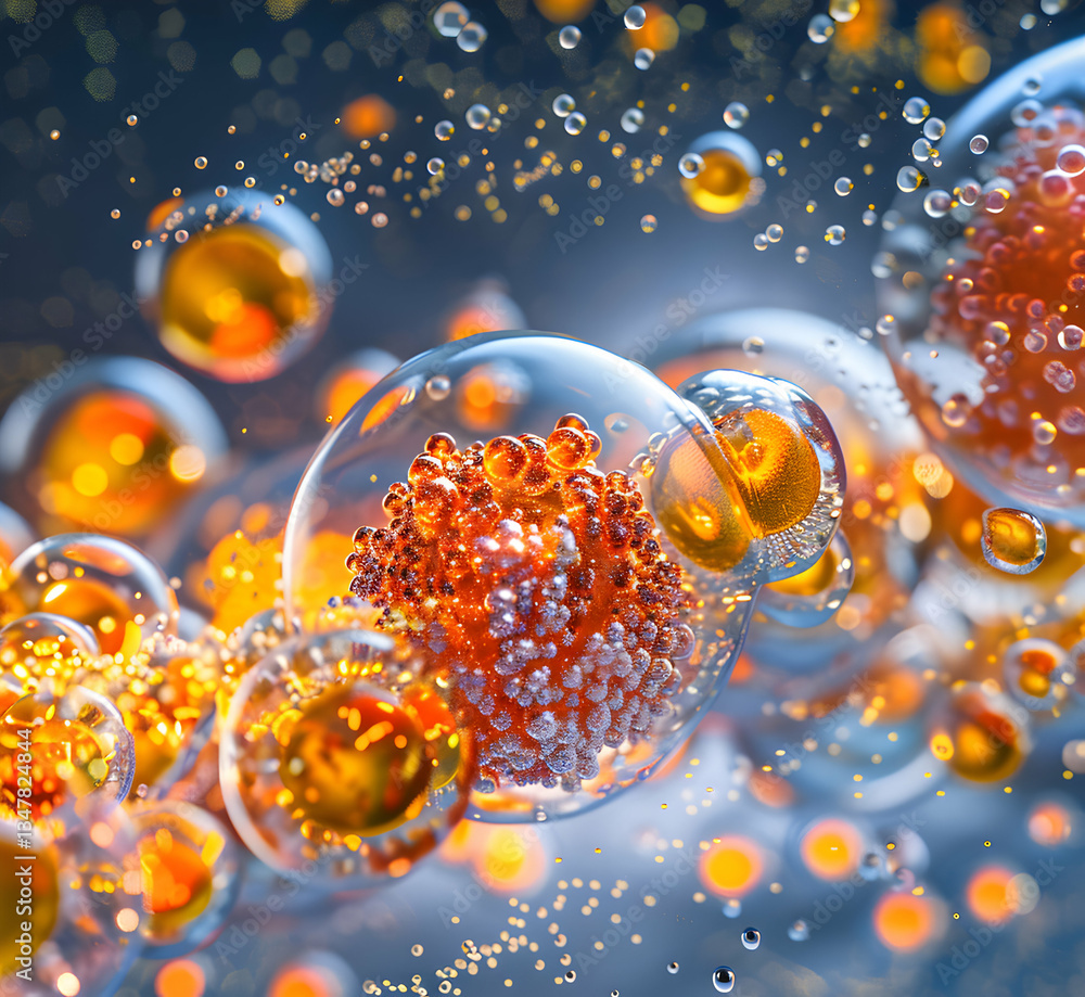 Poster dynamic abstract microscopic interaction of orange viruses and cells