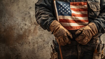 Fototapeta premium Patriotic American Construction Worker Holding a Small Worn US Flag. Generative AI