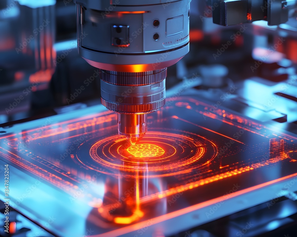 Poster advanced laser engraving machine creating intricate designs on a transparent surface with vibrant re