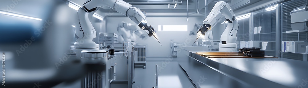 Poster advanced robotic arms working in a modern laboratory, showcasing the future of automation and innova