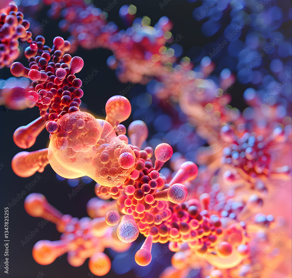 Poster dynamic abstract microscopic interaction of red spiky viruses and cells