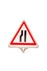 Warning Road Sign Indicating Road Narrows Ahead for Motorists, Essential for Driver Awareness and...