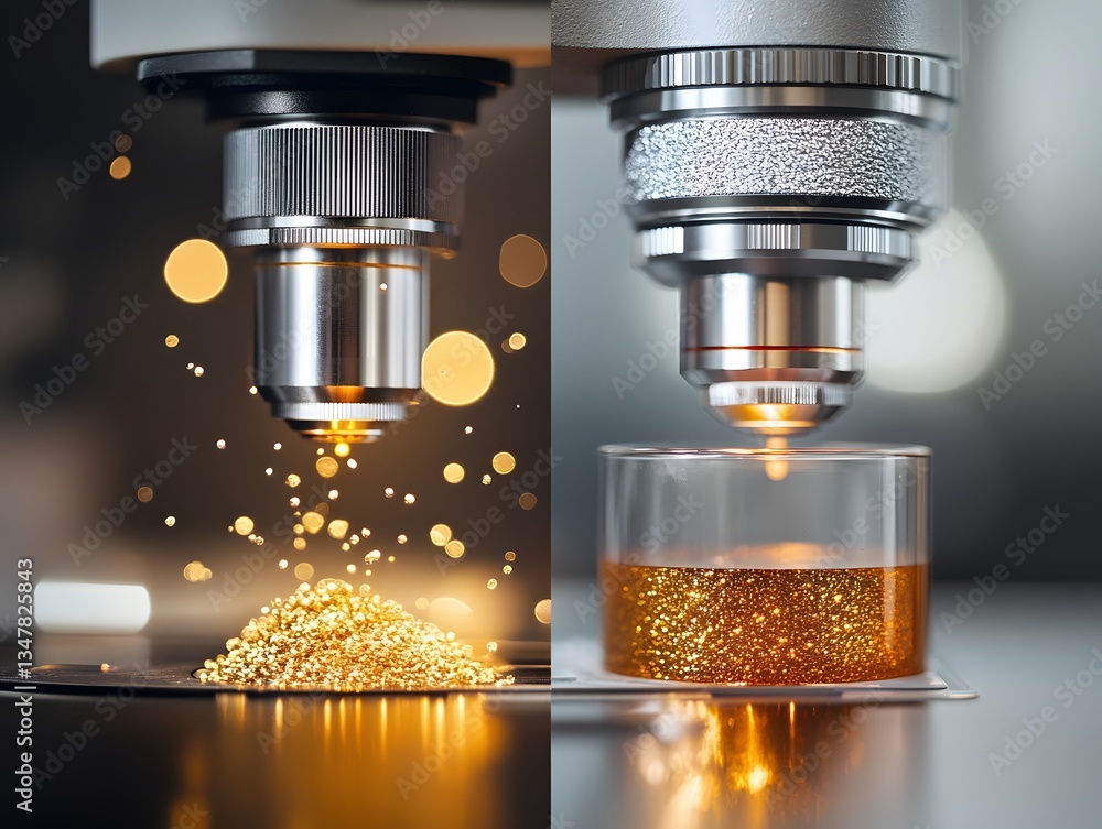 Poster close-up view of a microscope analyzing fine particles and liquid, showcasing the intricate details 