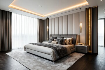 Luxurious modern bedroom with large bed and elegant design features