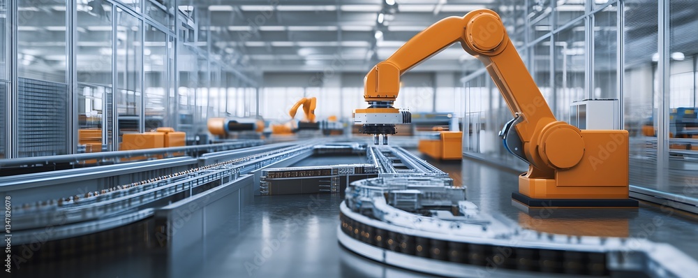 Poster high-tech factory showcasing robotic arms working on an automated assembly line, representing modern