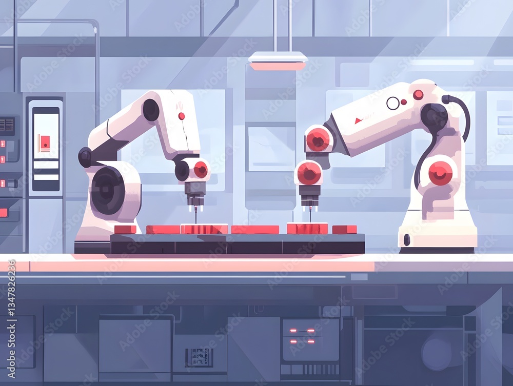 Poster robotic arms operate in a modern industrial setting, showcasing advanced technology and automation i