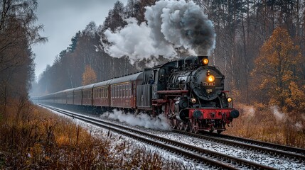 <Steam Train Vintage Locomotive in Winter Landscape - Historical Railway Adventure and Travel Experience>
