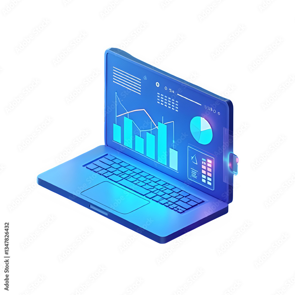 Fototapete futuristic 3d-rendered icon of a digital screen displaying data analysis, charts, and graphs in a gl
