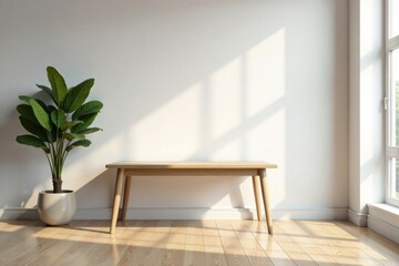 Minimalist wooden desk in a vast empty space with natural light pouring in, minimalist, interior
