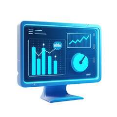 Futuristic 3D-rendered icon of a digital screen displaying data analysis, charts, and graphs in a glowing blue interface. Abstract tech elements float around, symbolizing analytics and AI. Black backg