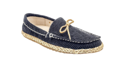 Blue espadrille loafer with jute rope sole on transparent background