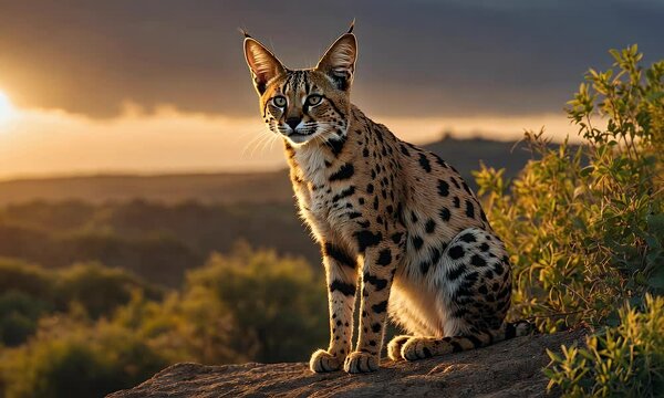 A serval cat sits gracefully on a rock during sunset, showcasing its striking features.