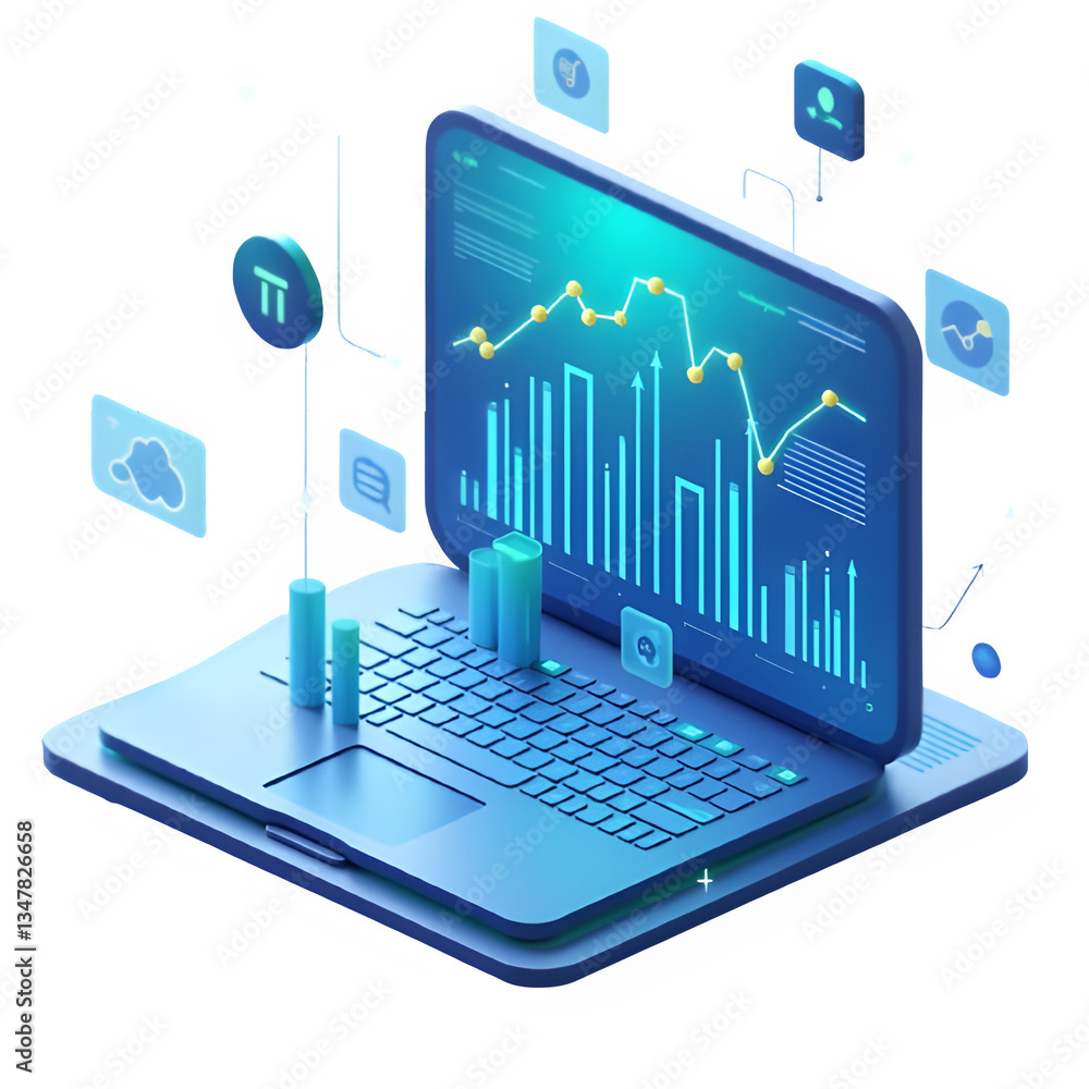 Fototapete futuristic 3d-rendered icon of a digital screen displaying data analysis, charts, and graphs in a gl