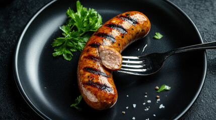 A single plump bratwurst sausage with grill marks, carefully placed on a smooth matte black plate, a fork piercing a small bite