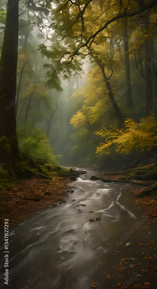 Poster swift currents flow through the path as rain soaks the trees in this wooded area 4k vertical