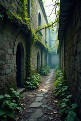 Moody abandoned alleyway with crumbling stone walls and twisted vines, old bricks, decay, mortar