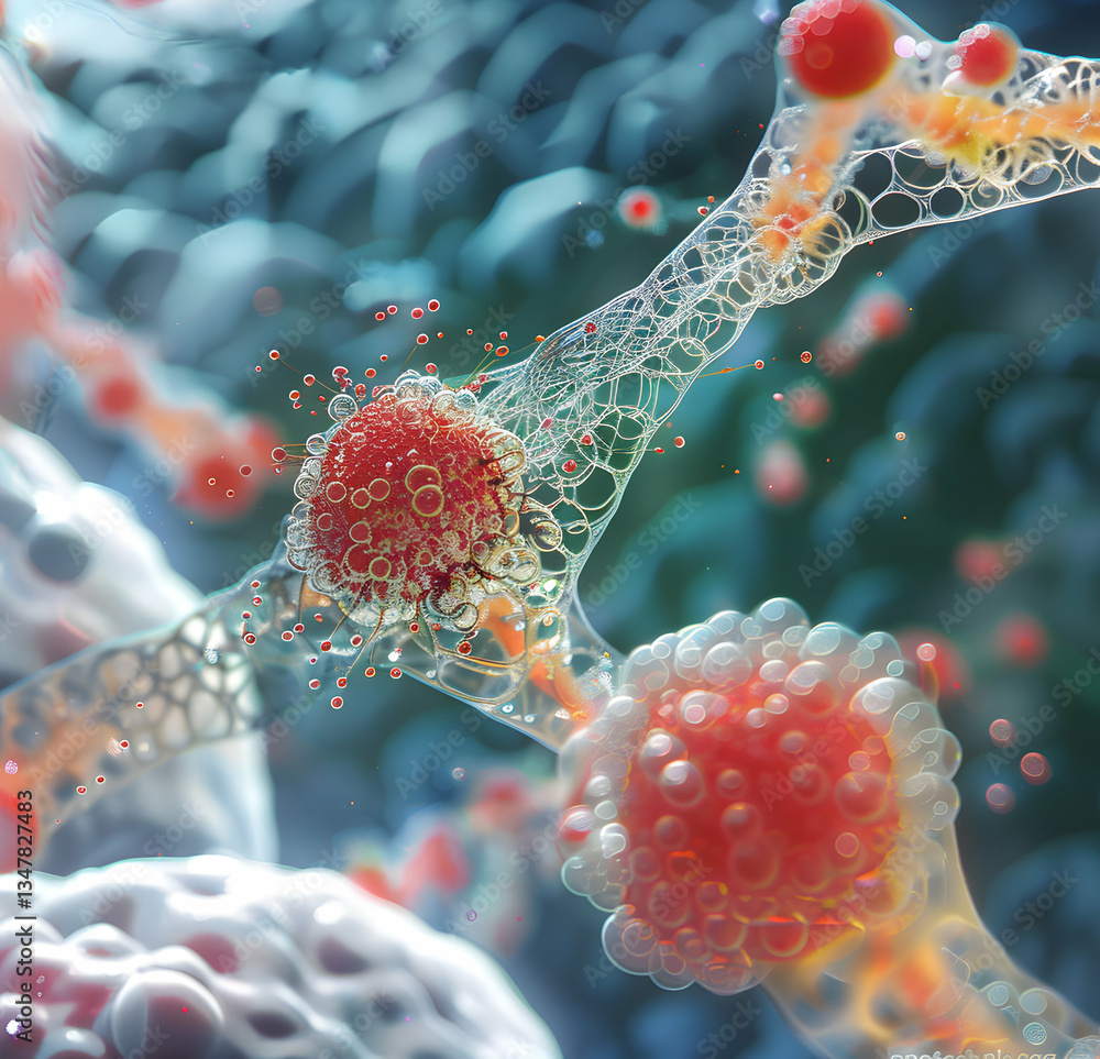 Poster abstract cellular growth with branching structures and vibrant colors