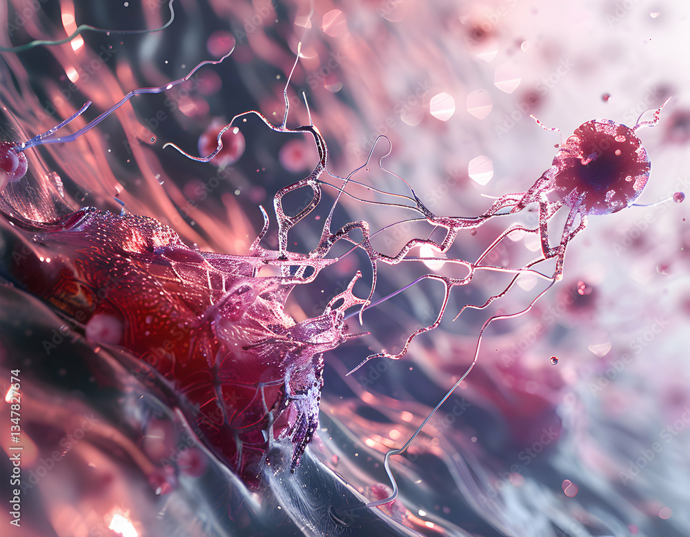 Poster abstract microscopic realm with swirling forms and intense colors