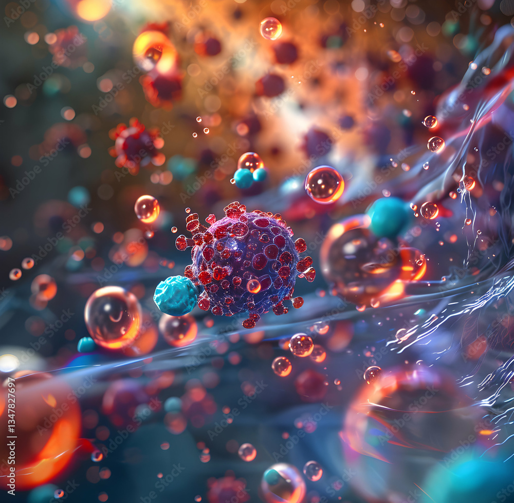 Poster abstract microscopic environment with interacting particles and colors
