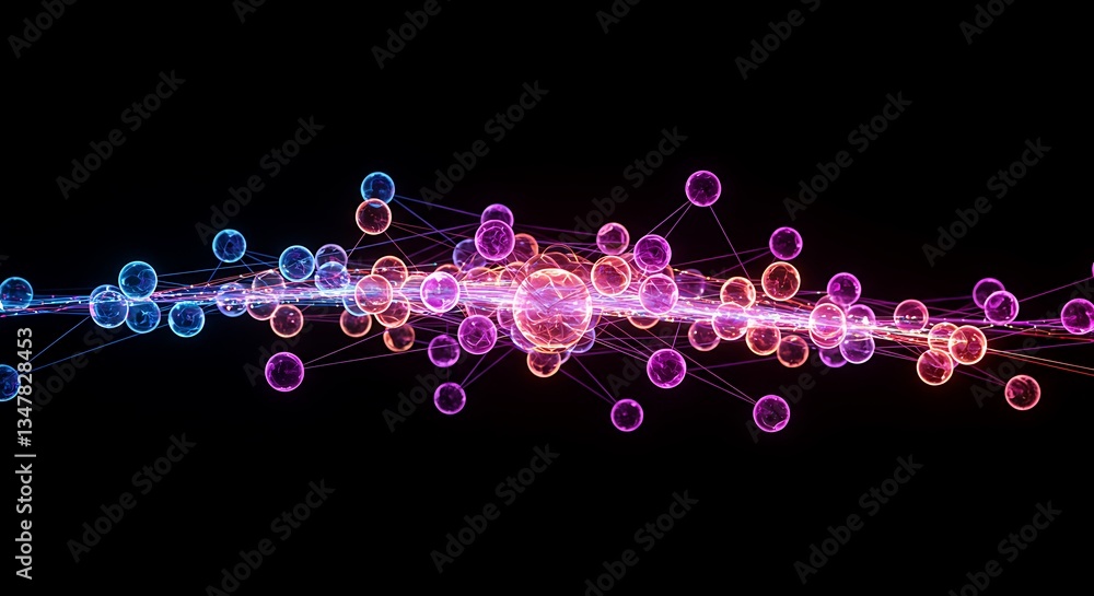 Poster abstract neon spheres network glowing data connections 3d render