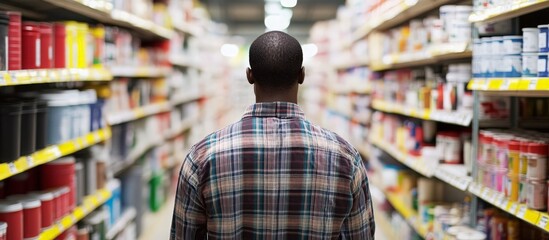 Fototapeta premium Man Wearing Plaid Shirt Shopping Alone in Supermarket Aisle Filled with Colorful Products