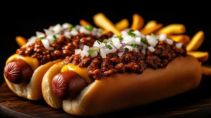 Hearty Cincinnati chili served over hot dogs with cheese and onions accompanied by crispy fries