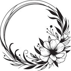 Round Frame with Abstract Flowers – Line Art Black Vector