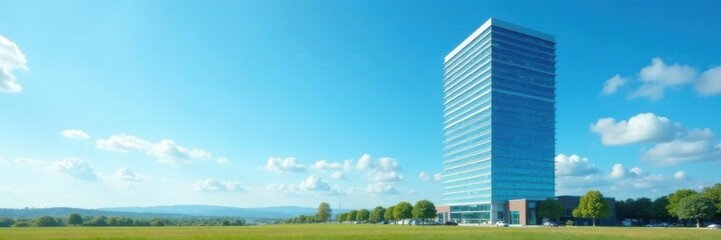 Obraz premium office building in the distance on a clear blue sky, corporate center, blue sky, cityscape