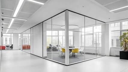 A Modern, Bright Office Space Showcasing A Glass-walled Meeting Room, Fostering Collaboration And Innovation With Clean Lines And Natural Light
