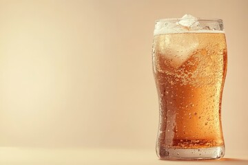 A chilled glass of beverage with ice cubes and bubbles