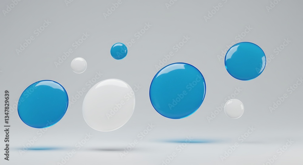 Poster glossy spheres floating abstractly on light grey backdrop minimalist 3d render