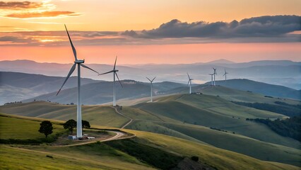 Majestic Wind Turbines Gracefully Turning At Sunset Atop Rolling Green Hills, A Breathtaking Panorama Of Renewable Energy Under A Soft Pink Sky