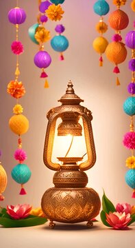 Colorful decorations and a traditional lamp illuminate the joyful celebration of Onam 4K vertical