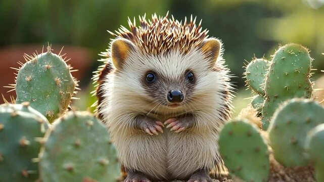 Charming hedgehog portrait surrounded by green cacti showcasing its adorable features and captivating the viewer with its innocent expression