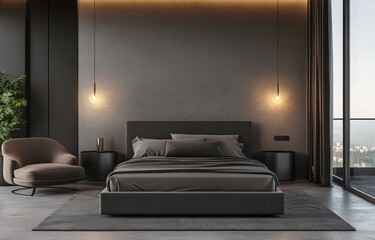 A modern bedroom interior featuring a bed chair and lighting design