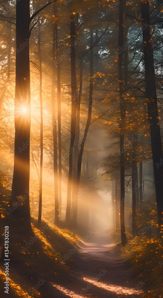 Poster as the sun sets a forest path sparkles with ethereal lights creating a magical vibe 4k vertical